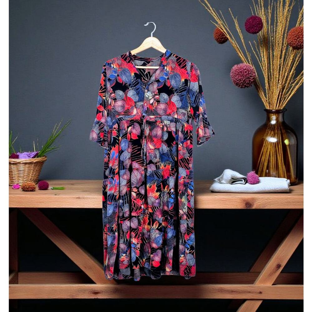 Leaf Print Empire Waist Dress M